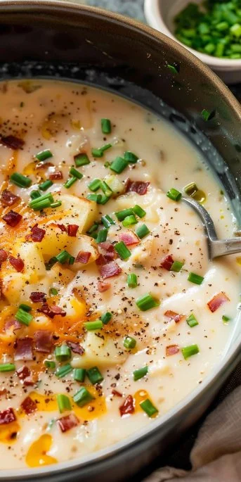 Bowl of easy loaded potato soup topped with cheese and green onions