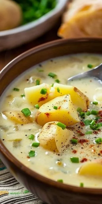 A bowl of creamy easy potato soup garnished with herbs and spices.