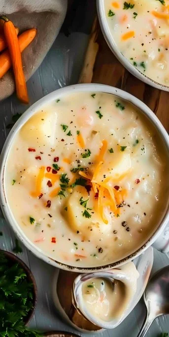 Bowl of creamy easy potato soup garnished with herbs and croutons