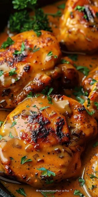 Plate of easy smothered chicken served with gravy and vegetables