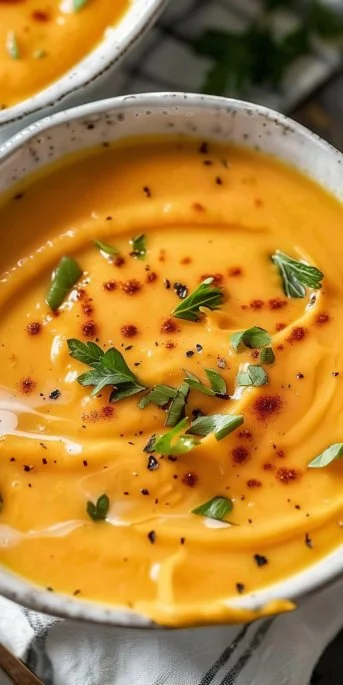 Bowl of easy sweet potato soup garnished with herbs and spices.