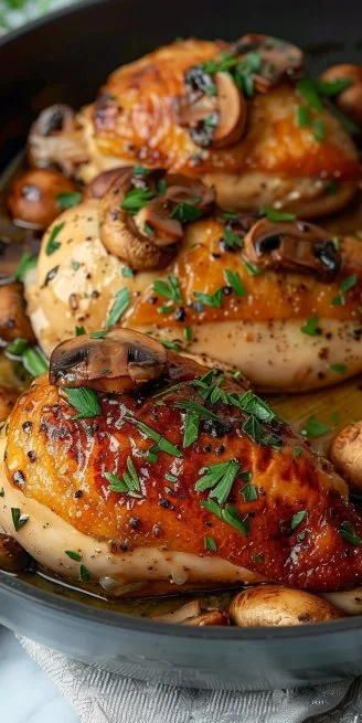 Flavorful Mushroom Stuffed Chicken Breast 4 Juicy mushroom stuffed chicken breast served on a plate with herbs.