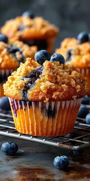 Fluffy blueberry streusel muffins, fresh out of the oven.