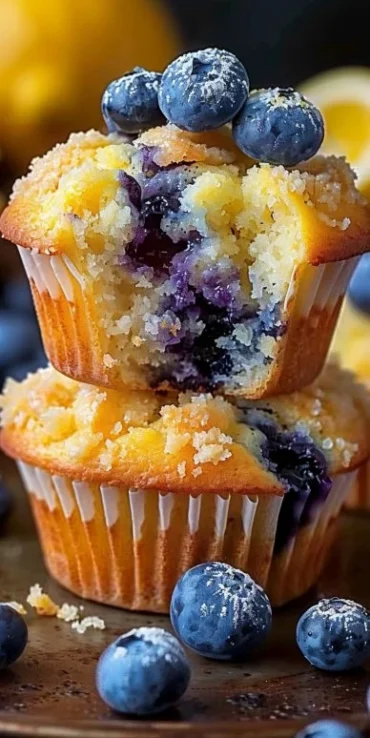 Fluffy lemon blueberry muffins fresh out of the oven with blueberries on top