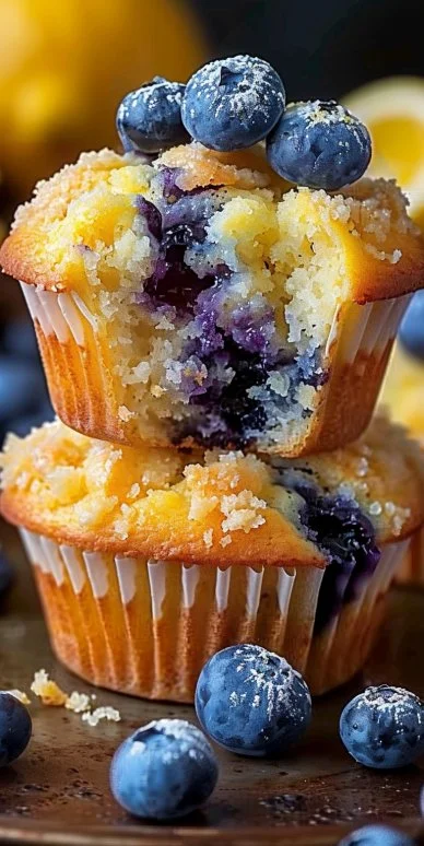Fluffy Lemon Blueberry Muffins 4 Fluffy lemon blueberry muffins fresh out of the oven with blueberries on top