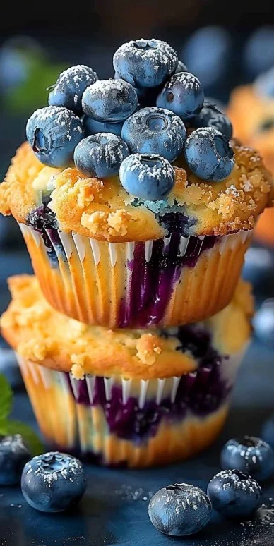 Glazed Blueberry Cream Cheese Muffins 4 Delicious glazed blueberry cream cheese muffins on a wooden table