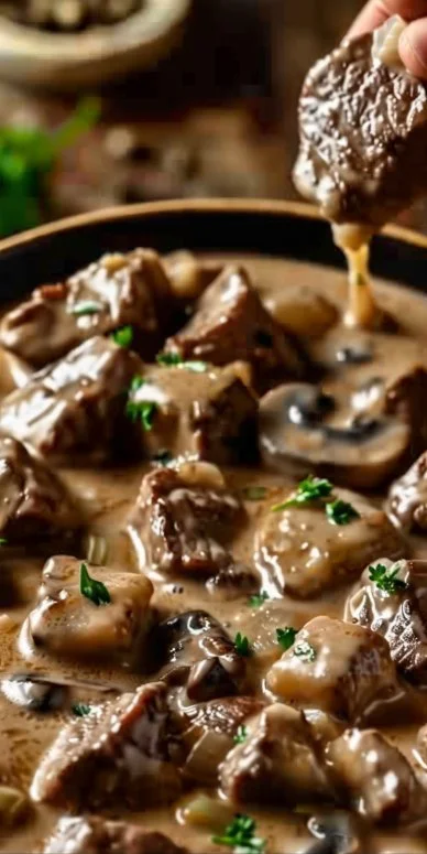 Gordon Ramsay's creamy beef stroganoff served in a bowl with fresh herbs.