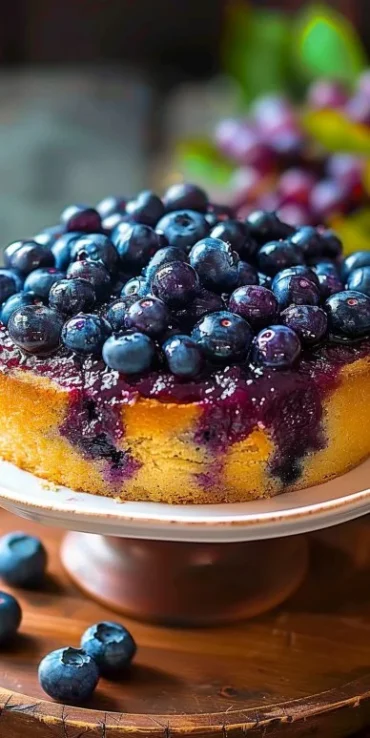 A slice of Granny's Blueberry Cake topped with fresh blueberries and icing