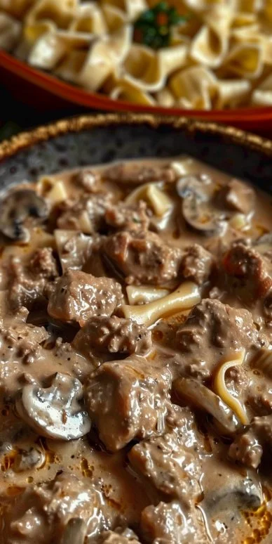 Delicious ground beef stroganoff served with noodles and garnish
