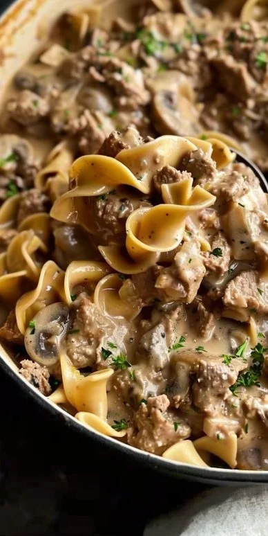 Delicious plate of Ground Beef Stroganoff with creamy sauce and pasta
