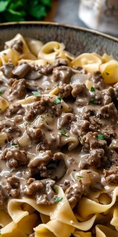 Creamy Ground Beef Stroganoff served over egg noodles