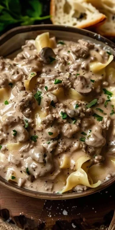 Delicious ground beef stroganoff served with pasta in a creamy sauce
