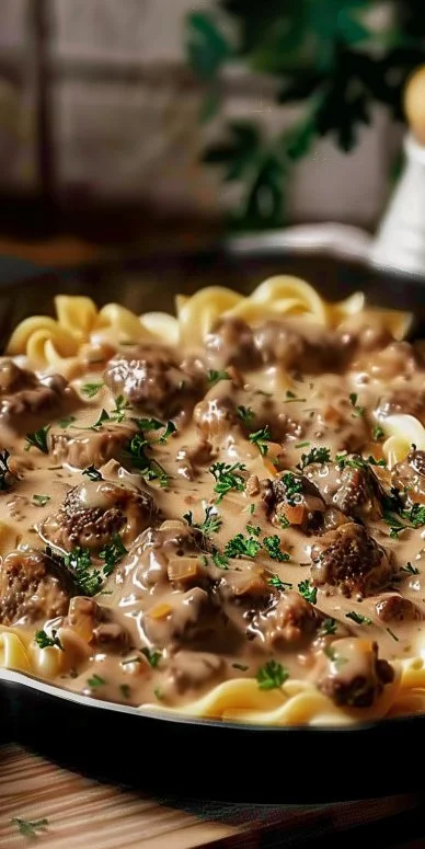 Delicious plate of Ground Beef Stroganoff served with pasta