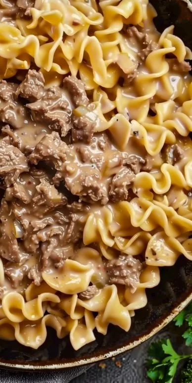 Delicious Plate of Ground Beef Stroganoff with Noodles and Herbs