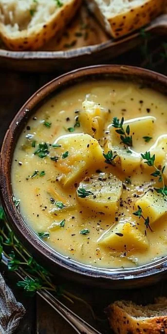 Bowl of hearty cheddar garlic herb potato soup with fresh herbs