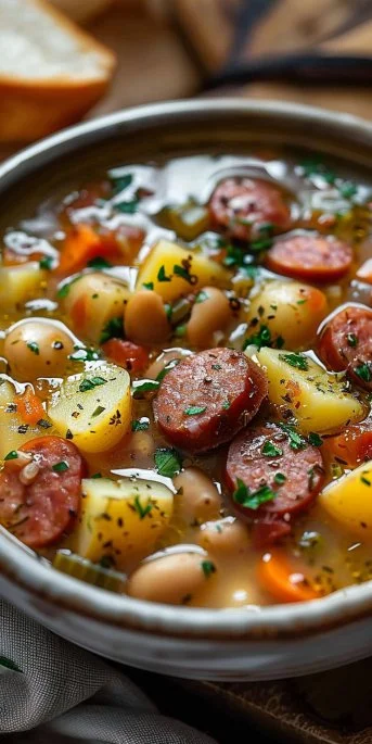 Bowl of hearty kielbasa and potato soup garnished with fresh herbs