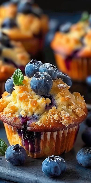 Homemade Blueberry Cream Cheese Muffins 4 Homemade blueberry cream cheese muffins on a baking tray
