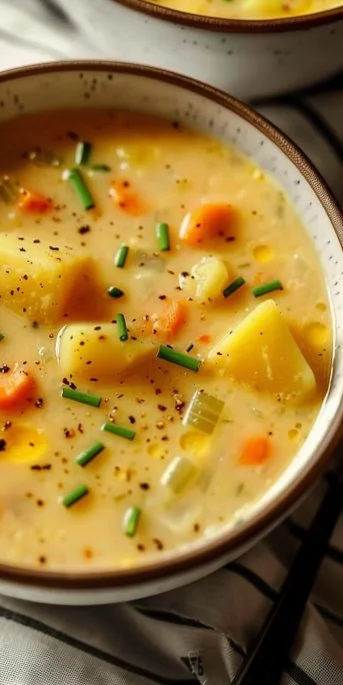 Bowl of homemade broth potato soup topped with herbs and ingredients