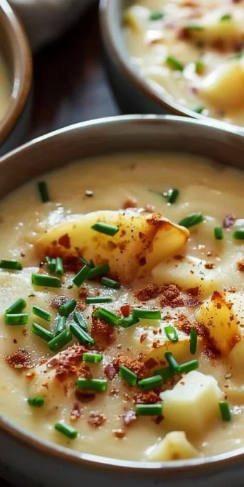 Bowl of homemade potato soup garnished with herbs and served with bread.