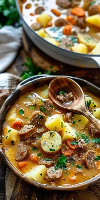 Delicious bowl of homemade sausage potato soup garnished with herbs