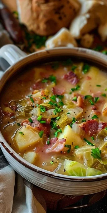 Delicious Irish Bacon, Cabbage, and Potato Soup served in a bowl.