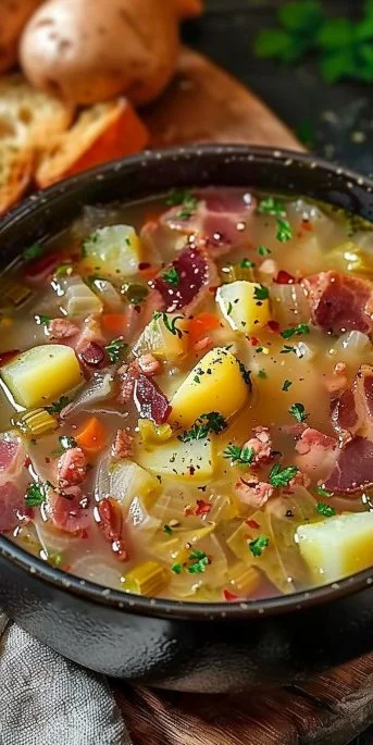 Irish bacon cabbage and potato soup garnished with fresh herbs