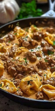 Creamy one-skillet beef stroganoff with tortellini recipe
