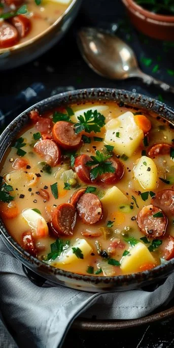 Bowl of hearty kielbasa potato soup with fresh herbs and vegetables.