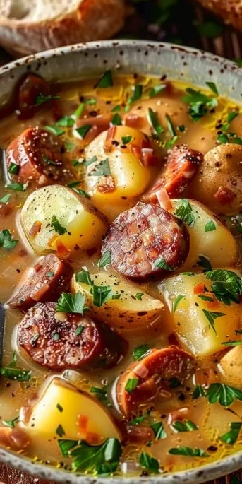 Bowl of Kielbasa Potato Soup with potatoes and sausage garnished with herbs.