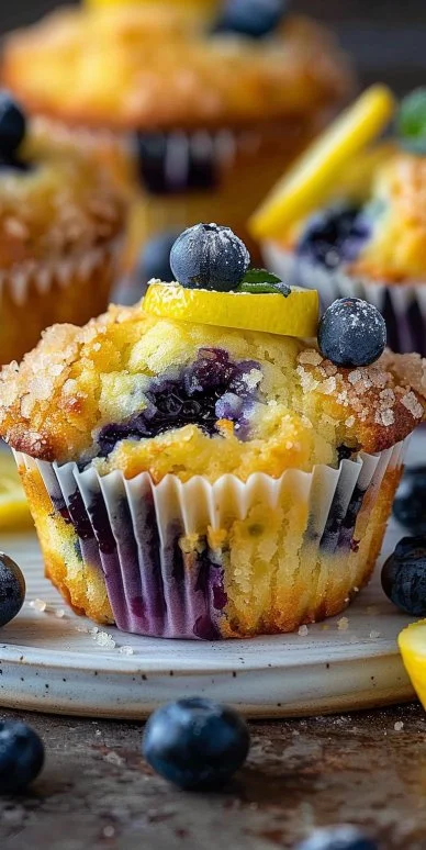 Lemon Blueberry Muffins 4 Freshly baked lemon blueberry muffins on a cooling rack