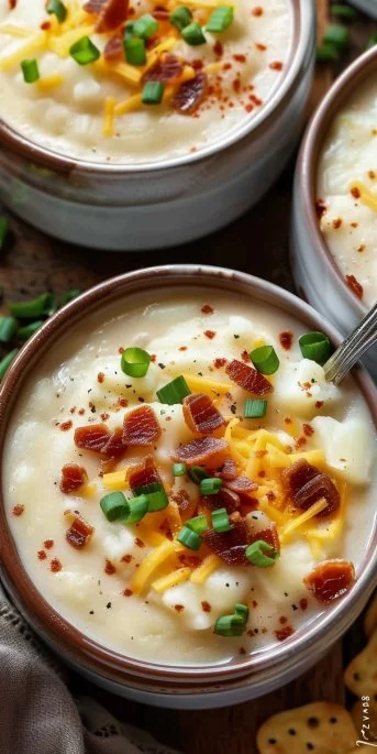 Bowl of loaded baked potato soup topped with cheese, bacon, and chives.