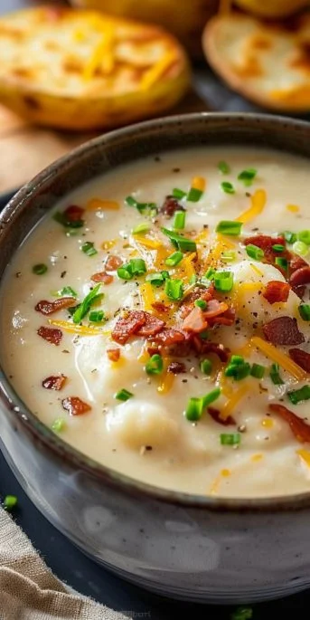 A bowl of creamy loaded baked potato soup topped with bacon and cheese