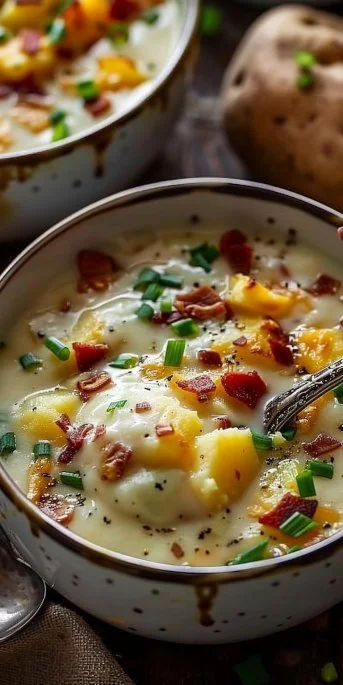 Bowl of loaded baked potato soup topped with cheese, bacon, and green onions