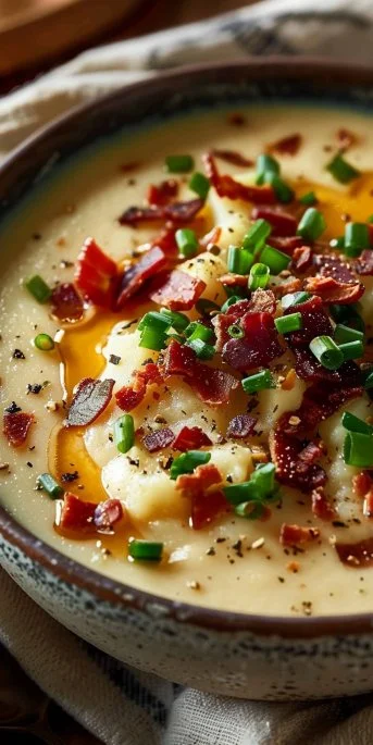 Bowl of loaded baked potato soup topped with bacon, cheese, and chives.