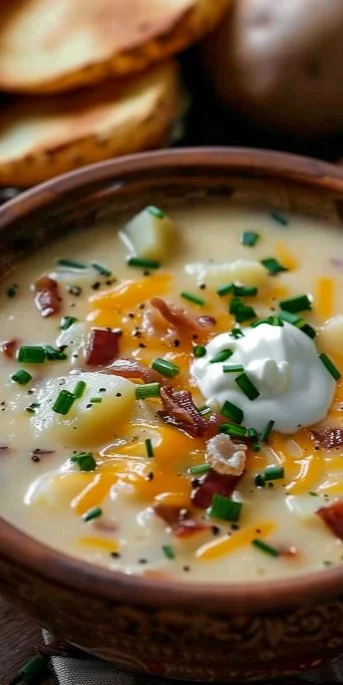 Delicious loaded baked potato soup topped with cheese and green onions