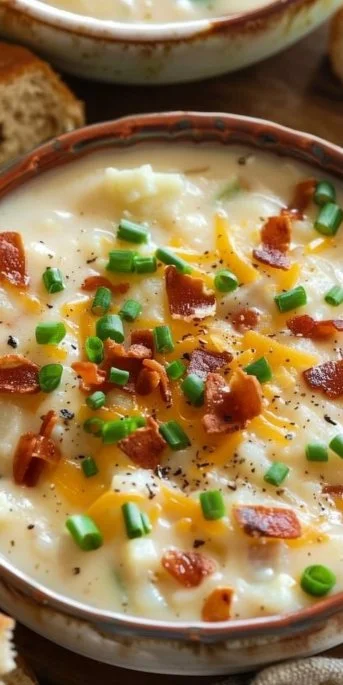 Bowl of loaded potato soup topped with cheese, bacon, and chives