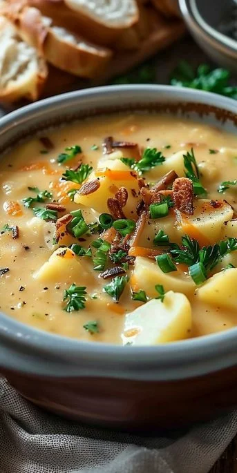 Loaded Potato Soup 4 Bowl of creamy loaded potato soup topped with cheese, bacon, and green onions