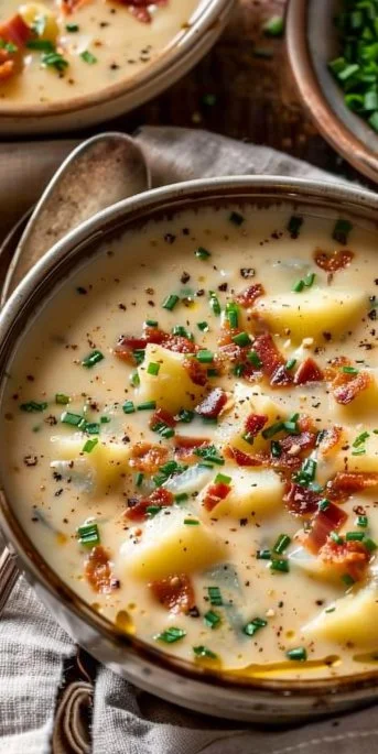 Bowl of delicious loaded potato soup topped with cheese and bacon.