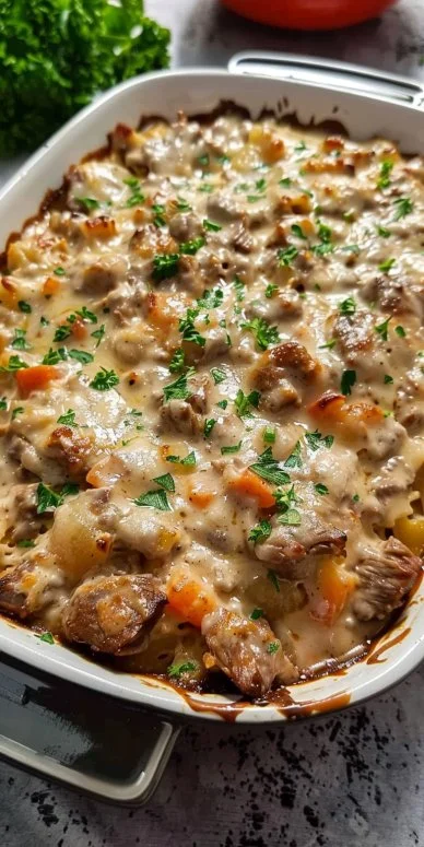 Low Carb Beef Stroganoff Casserole served in a dish with herbs