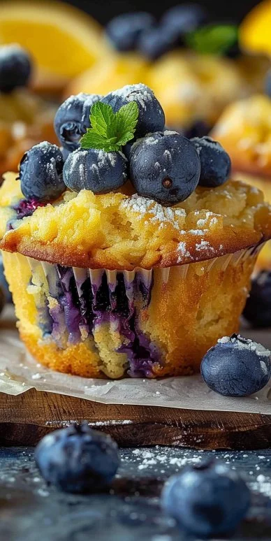 Mouthwatering Lemon Blueberry Muffins 4 Freshly baked lemon blueberry muffins with bright blueberries and lemon zest