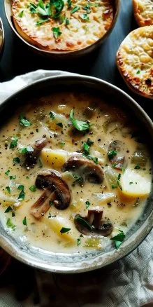 Creamy mushroom potato soup garnished with herbs in a bowl.