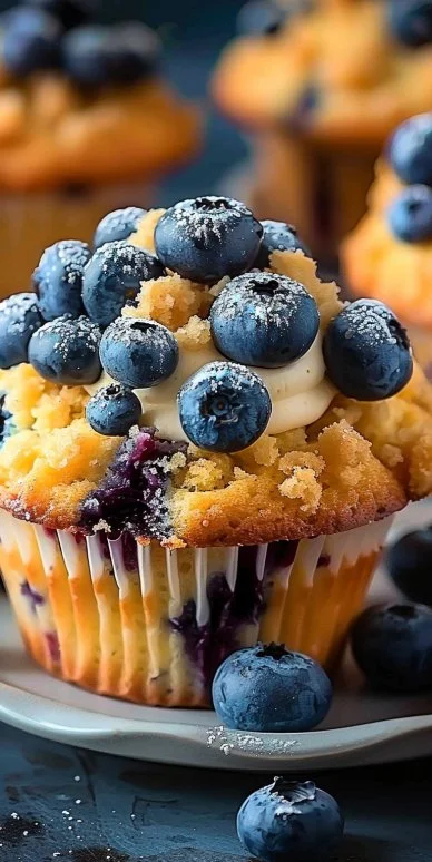 One-Bowl Blueberry Muffins 4 Freshly baked one-bowl blueberry muffins cooling on a rack.