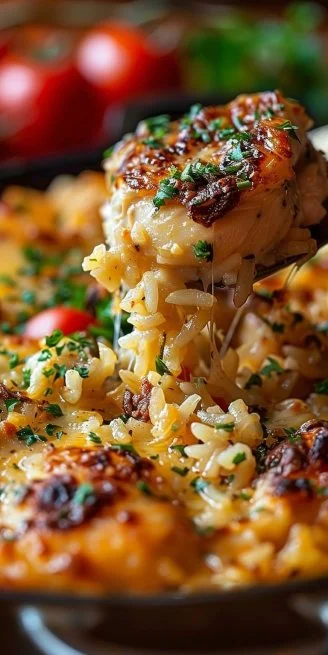 One-Pan Chicken and Rice Bake dish served with vegetables