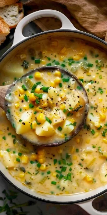 Delicious bowl of One-Pot Corn and Potato Chowder topped with herbs.