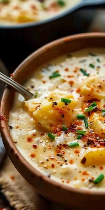 Delicious one-pot potato soup in a bowl, garnished with herbs and served hot.
