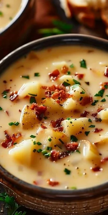 Bowl of Outback Steakhouse potato soup garnished with green onions.