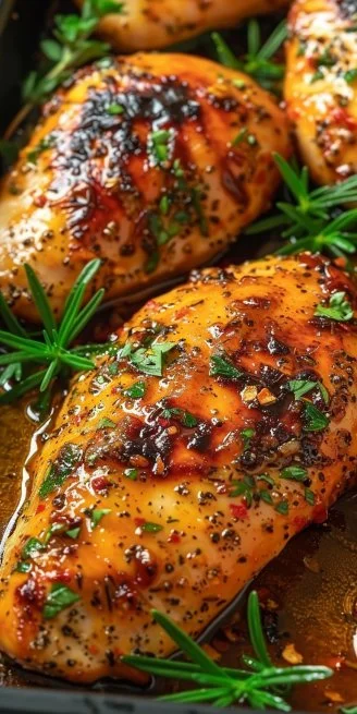 Oven Baked Chicken Breast 4 Juicy oven baked chicken breast served with herbs and vegetables