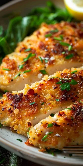 A plate of crispy Parmesan Crusted Chicken garnished with herbs.