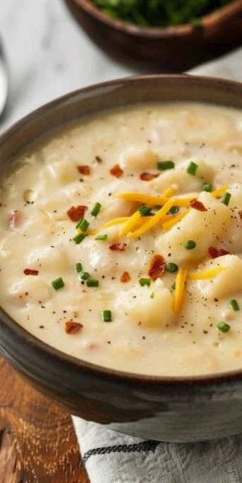 Creamy potato soup recipe by Paula Deen served in a bowl
