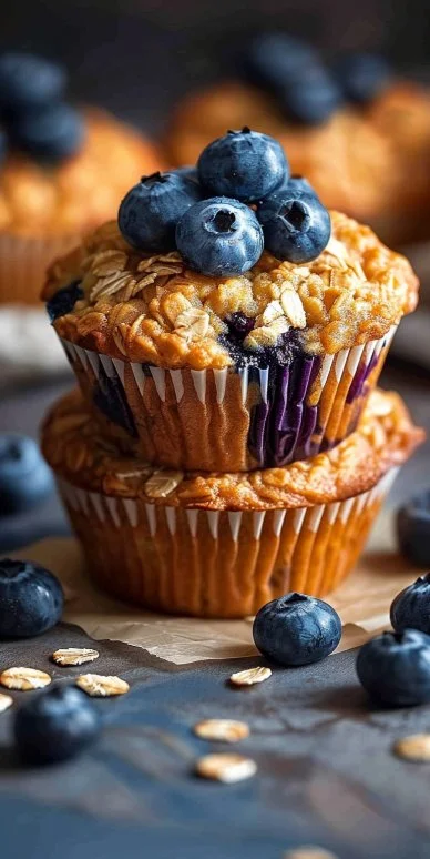 Perfect Blueberry Oatmeal Muffins 4 Freshly baked blueberry oatmeal muffins on a wooden table